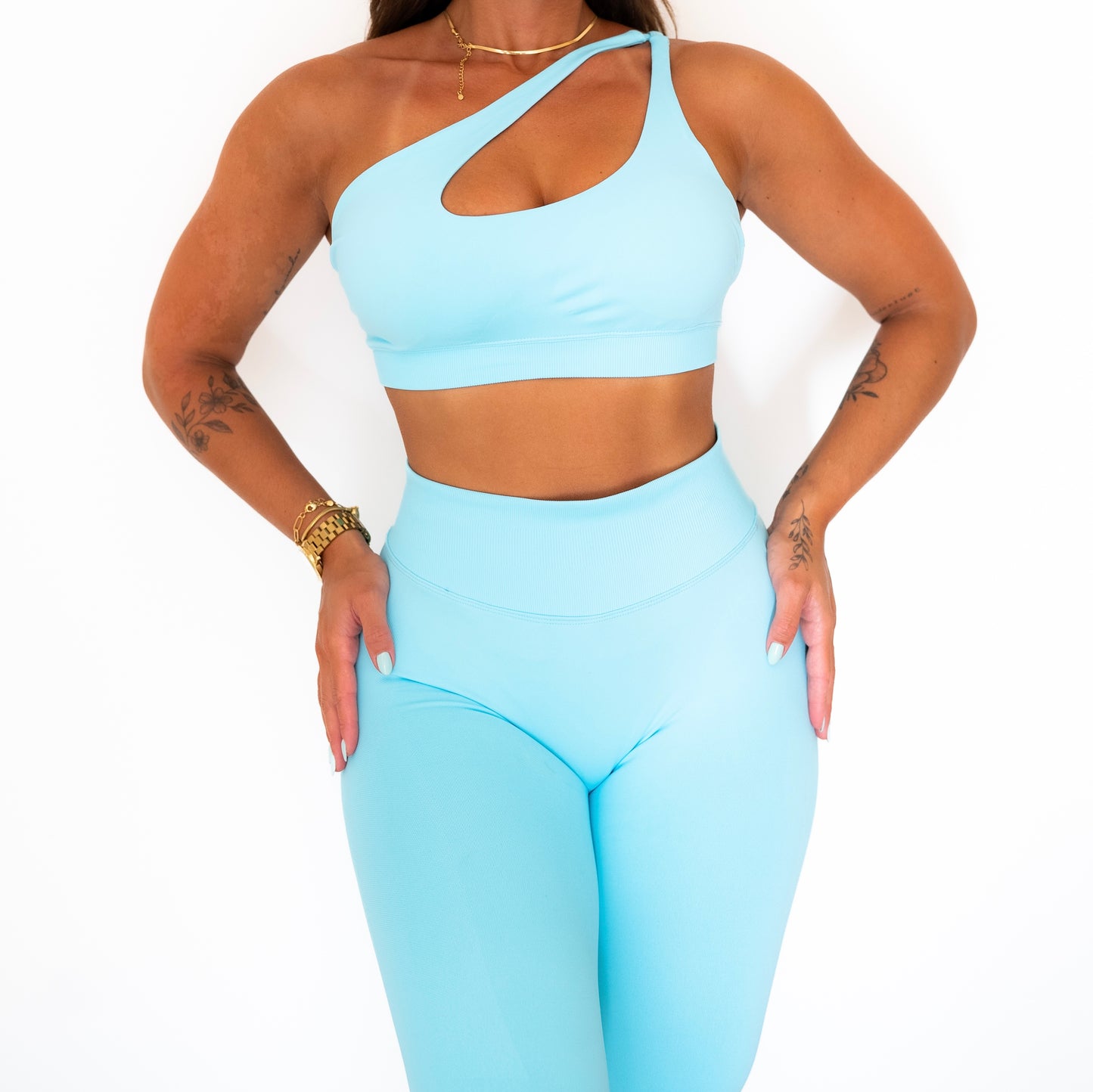 Crossed shoulder sports bra