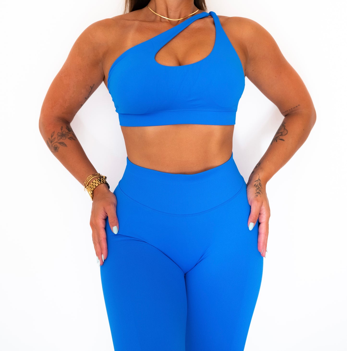 Crossed shoulder sports bra